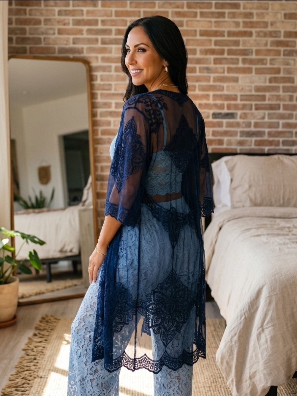 Navy Lace Sheer Kimono Cardigan